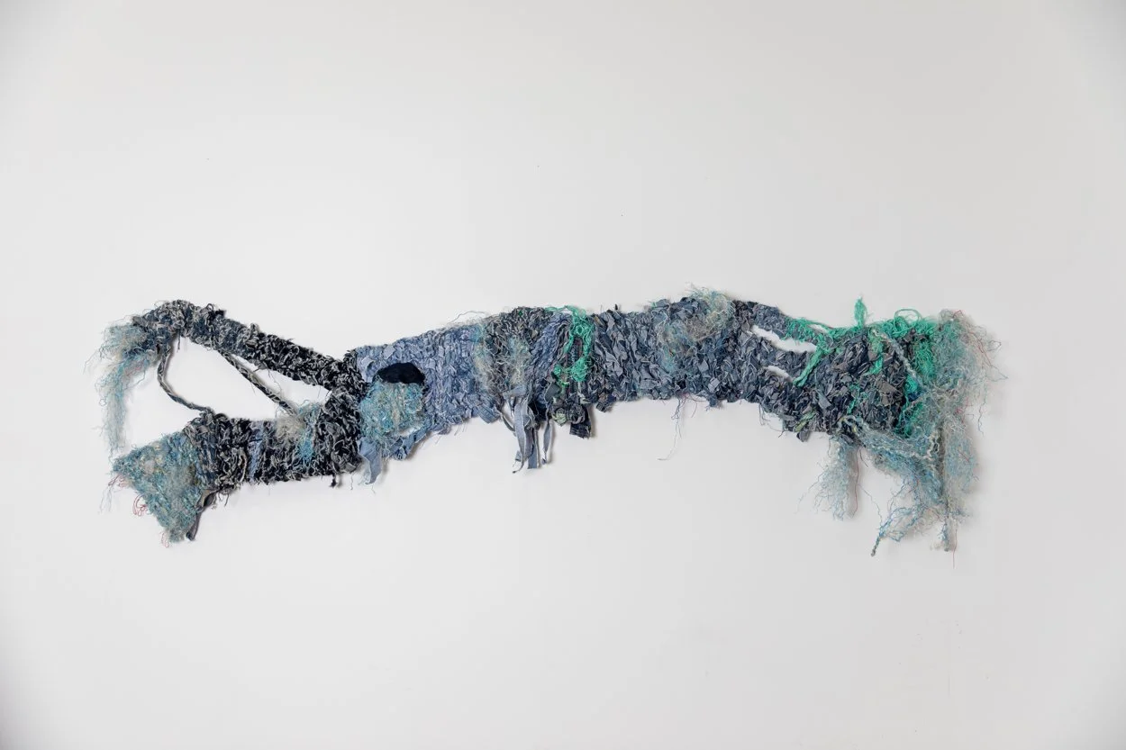 Fluvial Continuum, 2023, repurposed denim, thread, rope, 100x18x6"