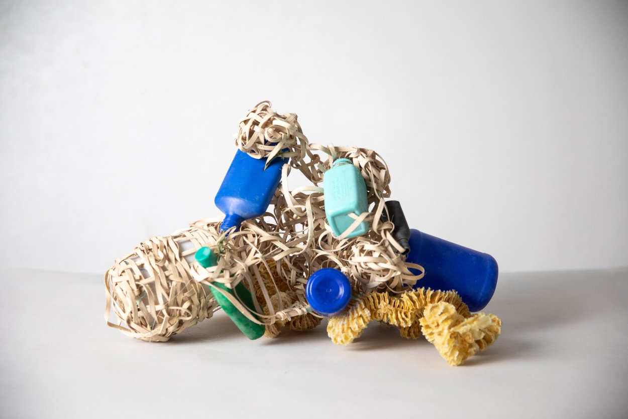 "Neptune Knot" collected sea debris reed, fish vertebrae, 12x12x20, varies with installation