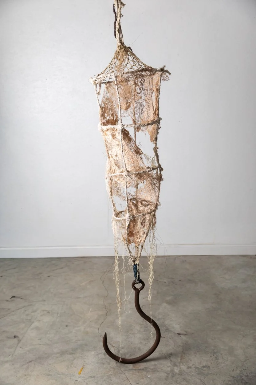 "Captain Sampson's Lore", cotton tea dyed thread, wire, alluminum, found hook, and chain, 96x16x16"