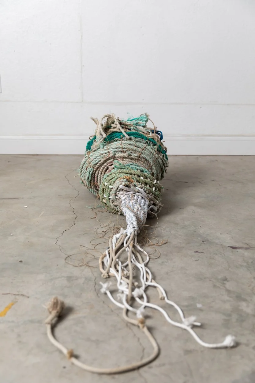 "Subsurface", collected ocean debris, wire, oyster shells, 60x20x12"