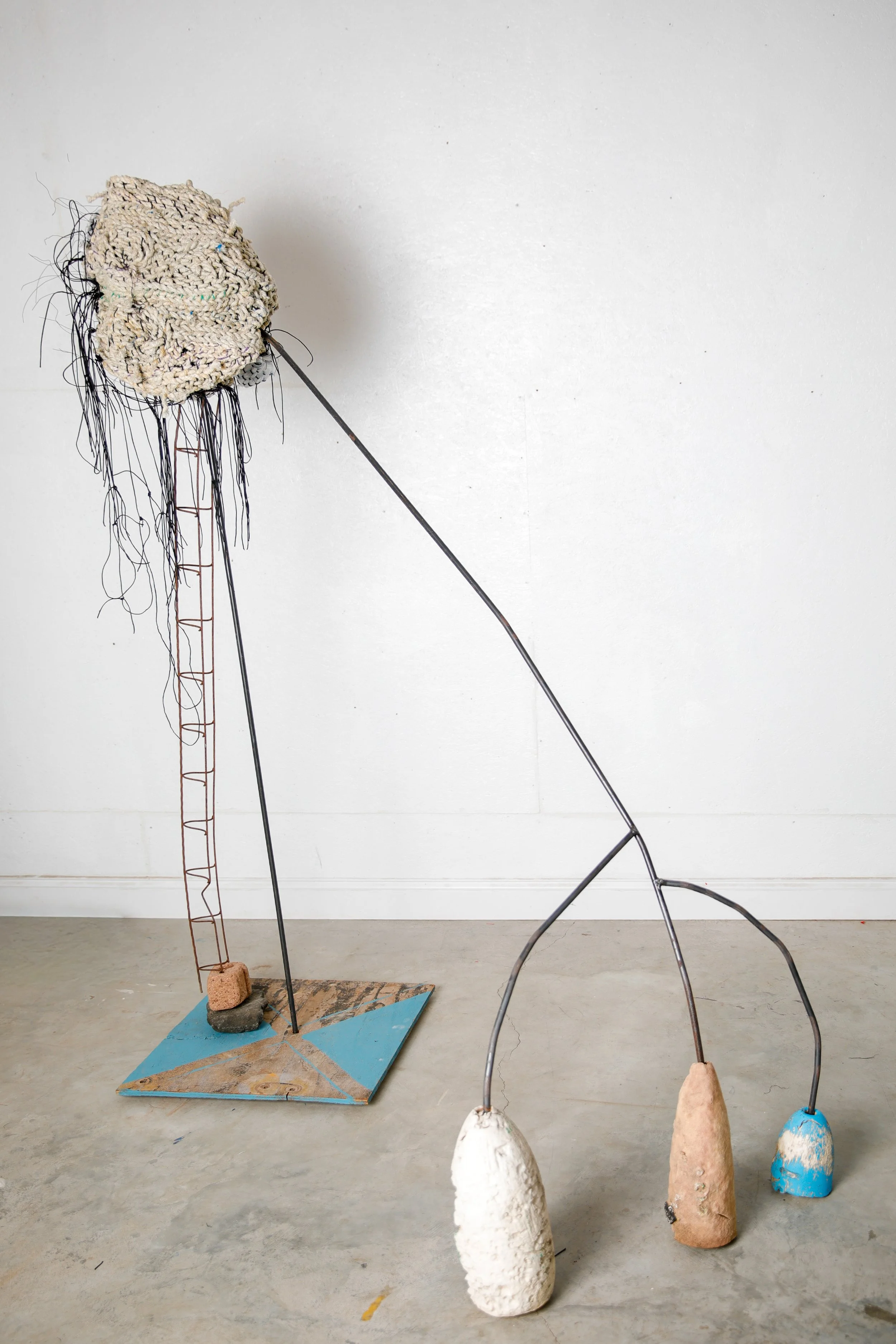 Invisible Currents 2026, collected marine debris, steel, bait bag line, wire, polyester pull tape, 78x60x30” 