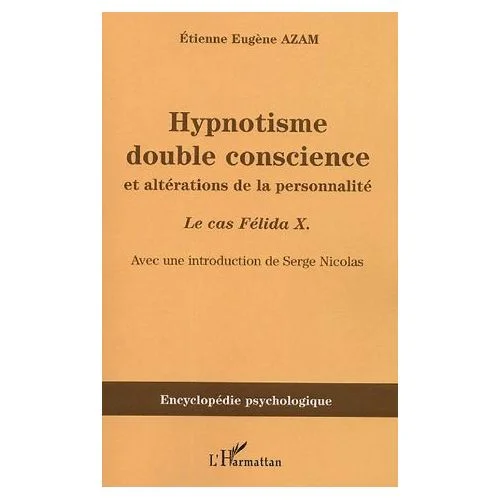 Image Description: Brown book cover with French words at the top “Hypnotisme double conscience et alterations de la personnalite” with darker brown stripe across the bottom half with words printed “Encyclopedie psychologique”.