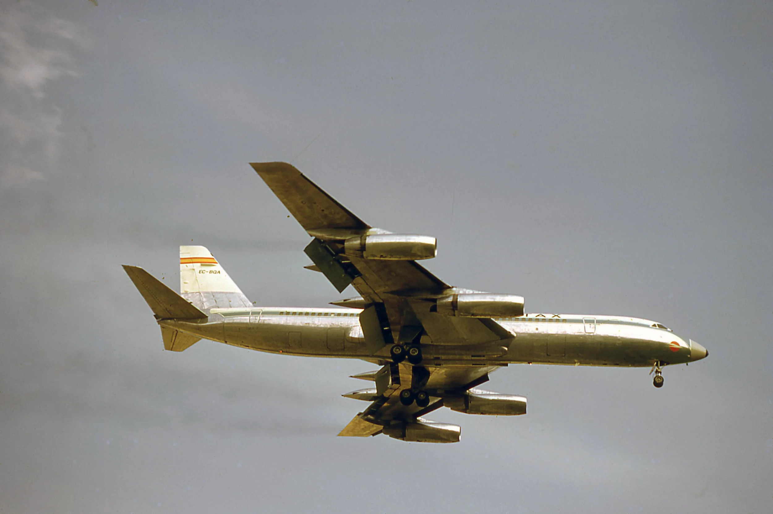 A classic Ringway Road shot of what was without doubt a classic aircraft. Spantax CV-990 Coronado EC-BQA just prior to touch down on Runway 24 in May 1971. Hear the noise and see the smoke from those General Electric engines which made the Coronado the fastest sub sonic airliner built. Whilst only 37 were constructed they were a firm favourite with Manchester enthusiasts as they became frequent visitors throughout the Summer season with the Spanish charter airline Spantax. Photo: Bob Thorpe.