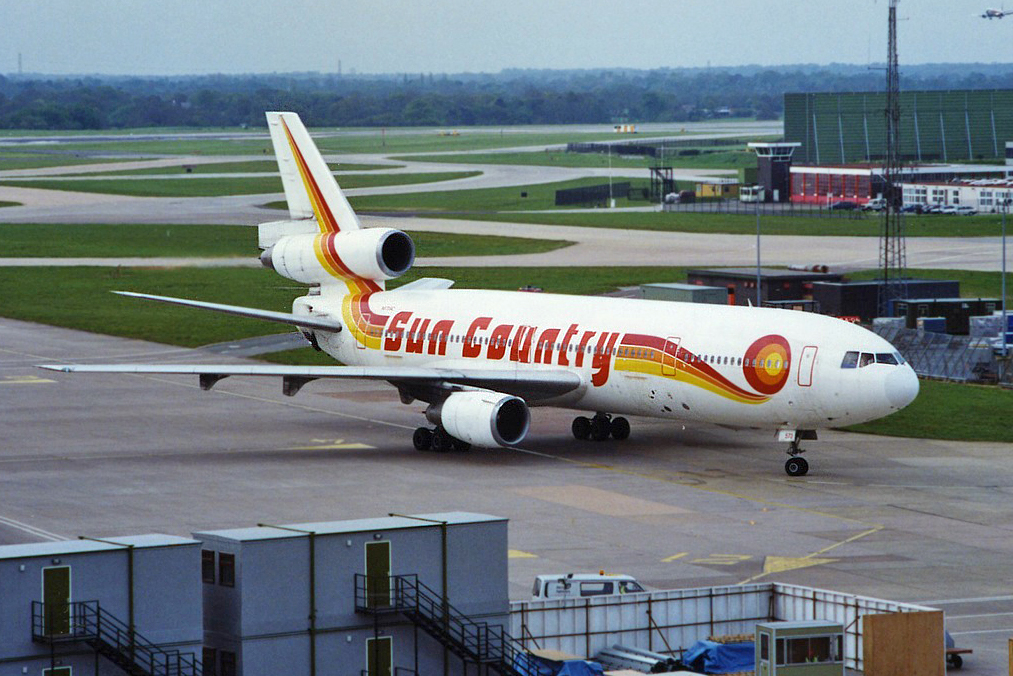 Certainly a Sun Country Dc10-10 (N573SC) was not the most common of visitors to MAN . However, in a previous life with Laker Airways G-AZZC most certainly was! Here she is operating a sub charter for Excalibur (remember them?) on 18th May 1996. Photo with thanks to Stuart Prince.