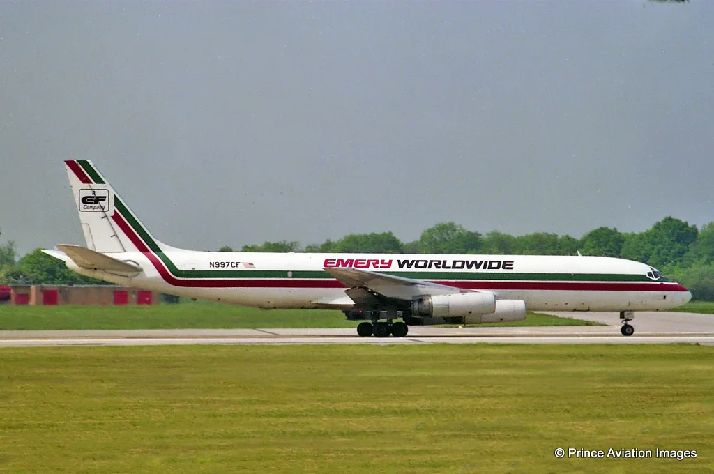 Emery World wide not only had a huge office complex and warehouse at Manchester but also operated daily freight services with their fleet of Dc8’s. N997CF is seen here departing on Runway 06 on 23rd May 1992. Photo: Stuart Prince.