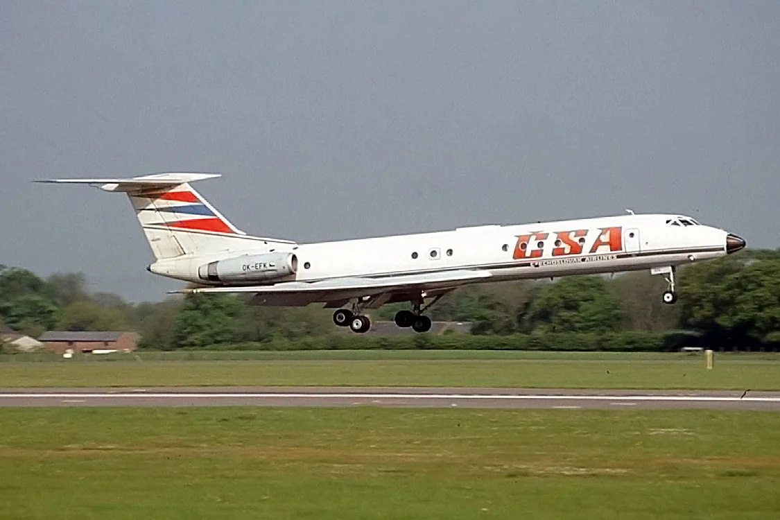 CSA TU134A OK-EFK landing on Runway 06 in May1994. TAS operated an “Aviation weekend” trip to Prague - departing Manchester on a CSA TU134 then flying on a number of pre organised flights such as a YAK 40, AN 2, Zlin, and Moravia… A very memorable weekend! Photo Peter H