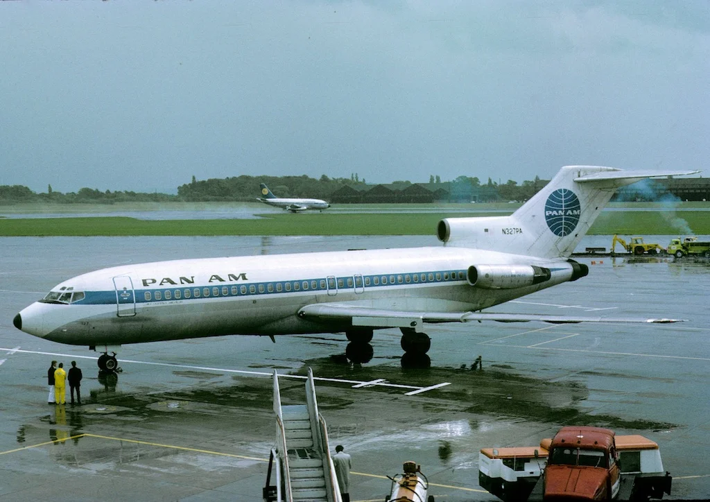 A number of Pan Am Boeing 727’s were based in Germany in the Seventies operating primarily connecting services to their long haul ops. N327PA is seen here at the end of Pier B in May 1973 which on this occasion - 30th May, was bringing in delegates to the Manchester “Golden Products Conference” . Thanks to Rick Skoroszewski for sharing this classic shot which looks like it was photo bombed by a Lufthansa classic B737…