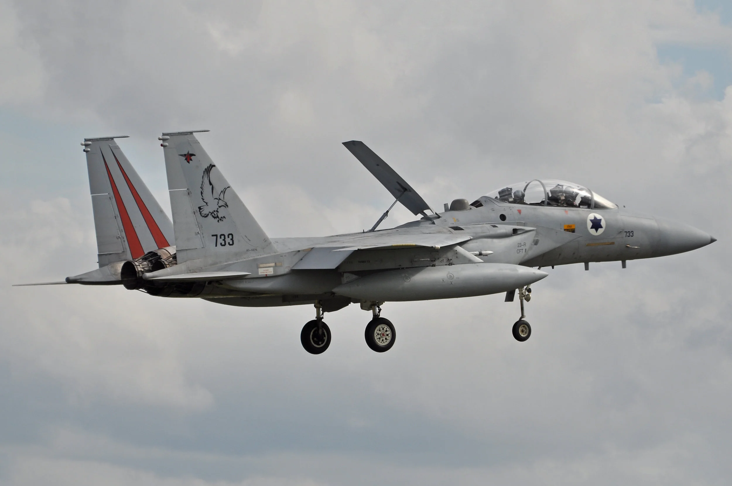 733, F-15D Baz, 106 Sq, Israeli Air Force, Tel Nof. FMS 90-0275. Each Baz is named, with the name on the port-side forward fuselage. 733 is “Raz Ha'Melech” which translates as “King's Messenger”.