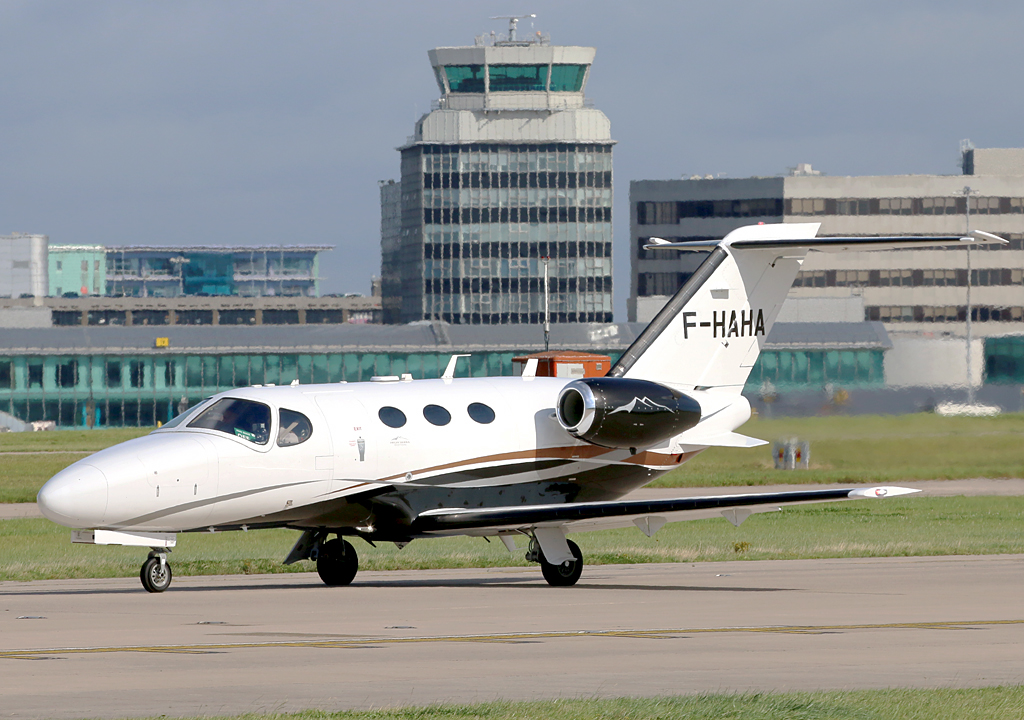 Citation 510 Mustang F-HAHA lines up for departure on Runway 23 Left on Monday 2nd September 2019. Photo:Paul Tomlin.