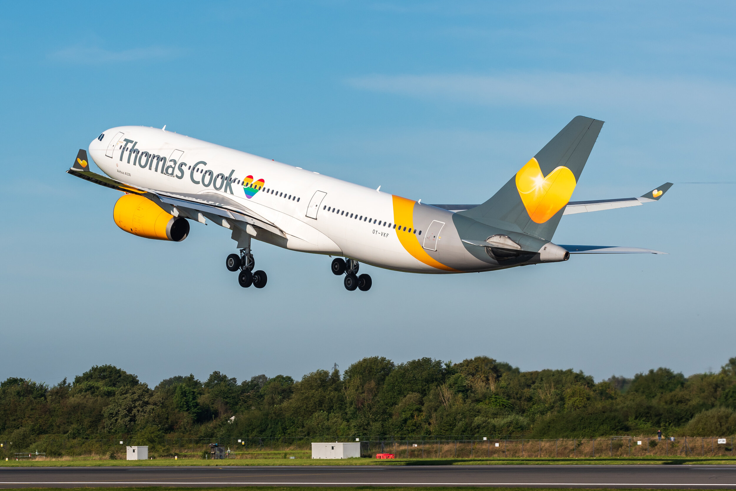 Thomas Cook A330-200 OY-VKF departs Mancheter’s Runway 23 Left on Saturday 14th September proudly wearing an LGBT “Pride” heart on the fuselage . Photo: Jonathan Ingham.