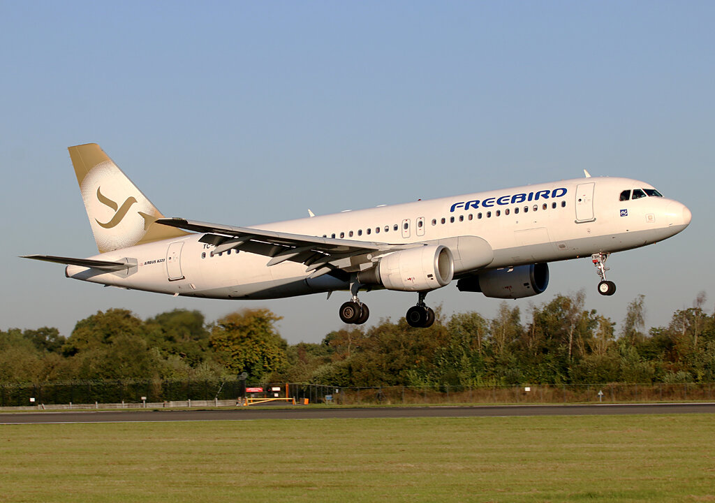 Freebird A320 TC-FBH arriving from Dalaman on Saturday 21st September 2019. Photo: Paul Tomlin.