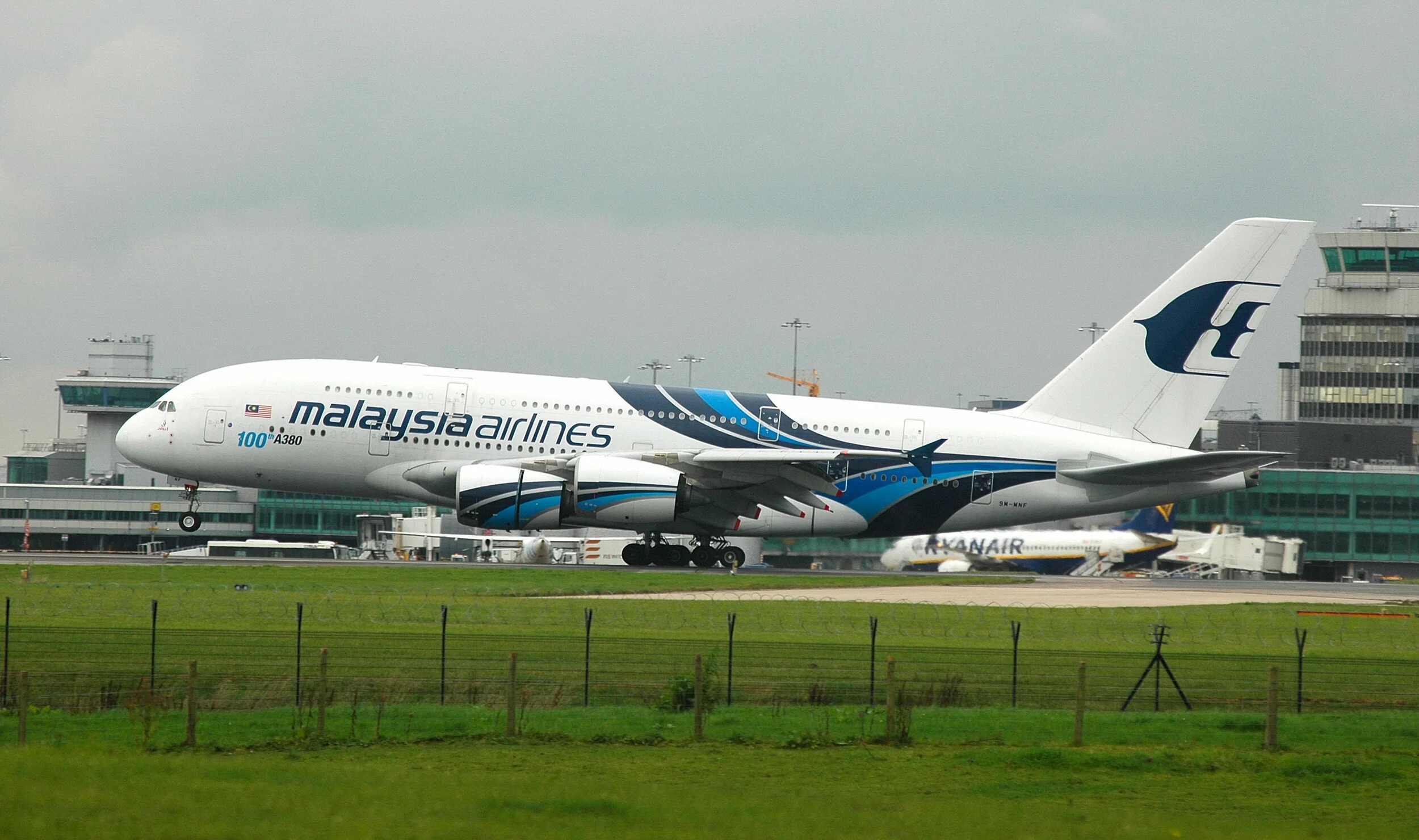 Malaysian A380 9H-MNF touching down on Runway 23 Right operating a Thomas Cook / CAA repatriation flight on 25th September. Photo: Paul Rowland.