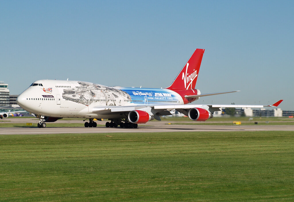 Virgin B747-400 G-VLIP wearing the Star Wars “Falcon” Livery at Manchester 2nd October. With thanks to Stuart Prince.