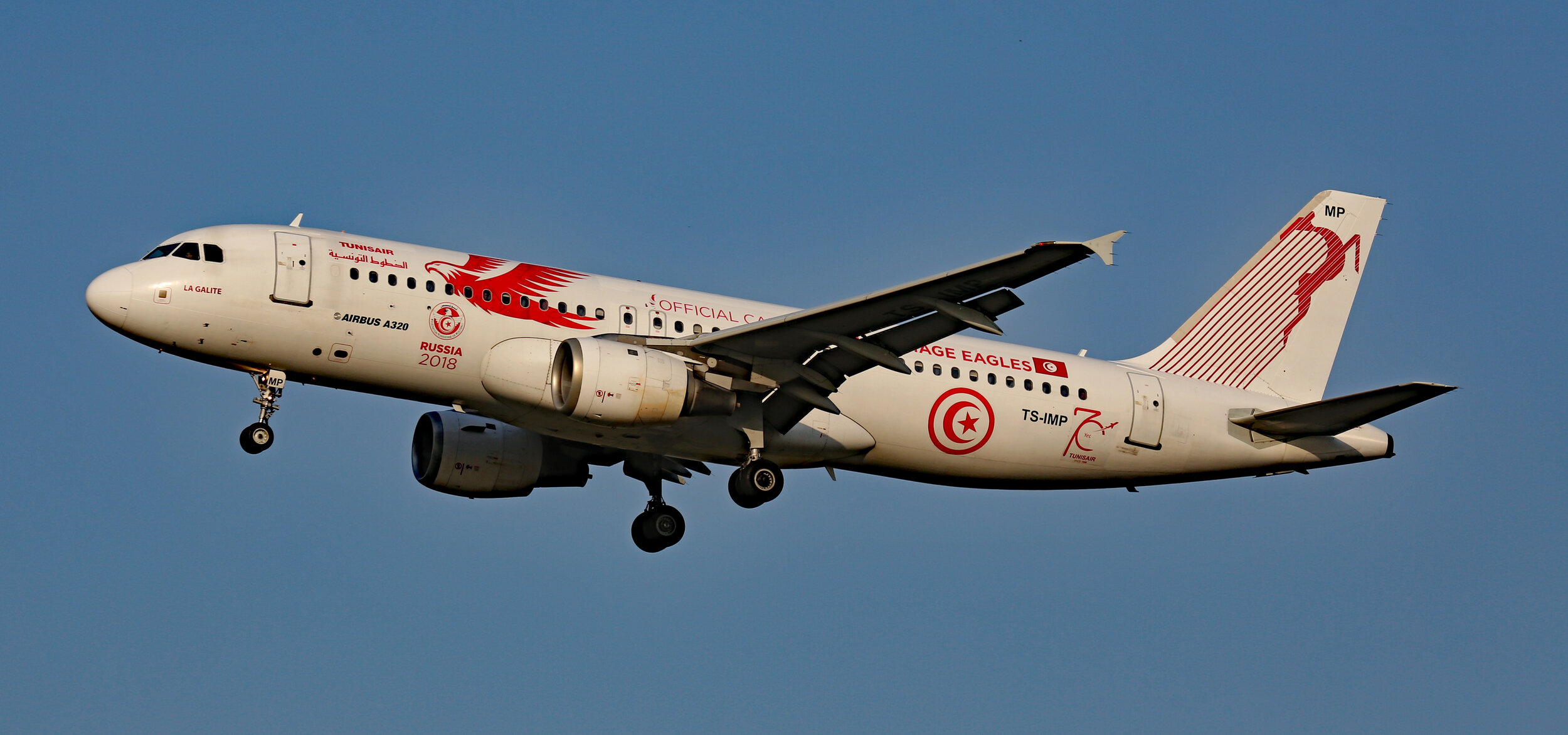 Tunis Air A320 TS-IMP wearing the Carthage Eagles FIFA 2018 Livery on finals to Toulouse Runway 32 Left on 18th September 2019. Photo: Maurice Kime.