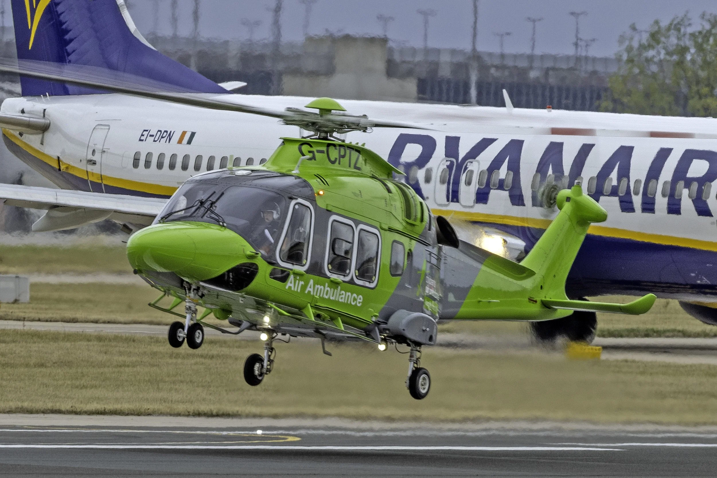 17th August 2026 - Air Ambulance Leonardo AW169 G-CPTZ owned by Sloane helicopters operated a rotation from Retford today.  It taxied from Signature's apron across to runway 23L for departure.  Photo: Paul Bailey