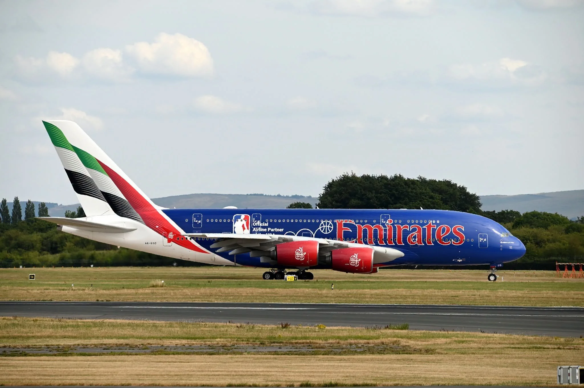 2nd August 2026 - Emirates A380 A6-EOD in the National Basketball Association Livery was photographed taxiing out for departure to Runway 23L by Dave Kirkham