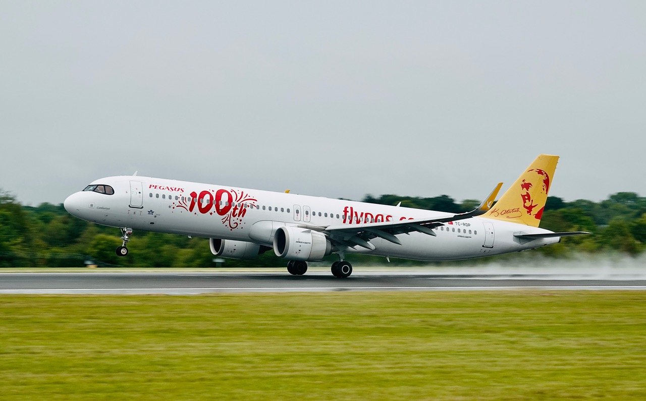 29th August 2026 - Pegasus A321N TC-RDP in the 100th livery (celebrating the delivery of the 100th aircraft) departing Runway 23L.  Photo: Paul Rowland