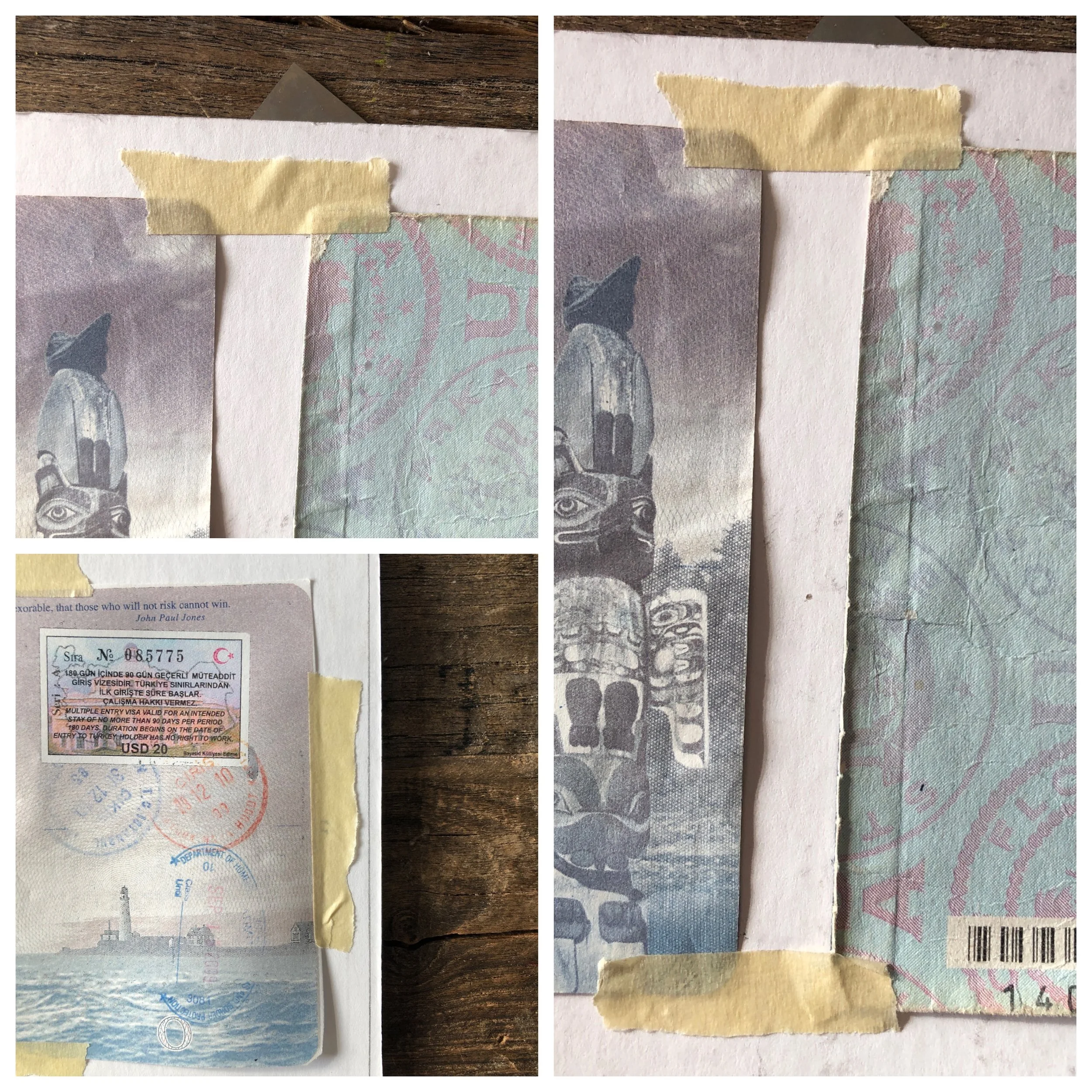Step 4 - Photo corners can be used to mount pages to mat board for a cleaner look. Masking tape is also sufficient and a bit cheaper. If using photo corners, follow instructions on box to mount pages to board. Here we will be using tape to adhere pages to mat board. - For tape use, tear off piece appx 1” long and tear this piece down the middle making two thinner strips. Take one piece and place along the very outside edge of page securing it to the board. Keep in mind tape may be visible once other board goes on. So every now and then take the second mat board and place it on top of pages to see if tape needs adjusting so that it is not visible. -Follow these instructions until all pages are adhered to board. (this may look a bit messy at this point, but none of this will be visible)