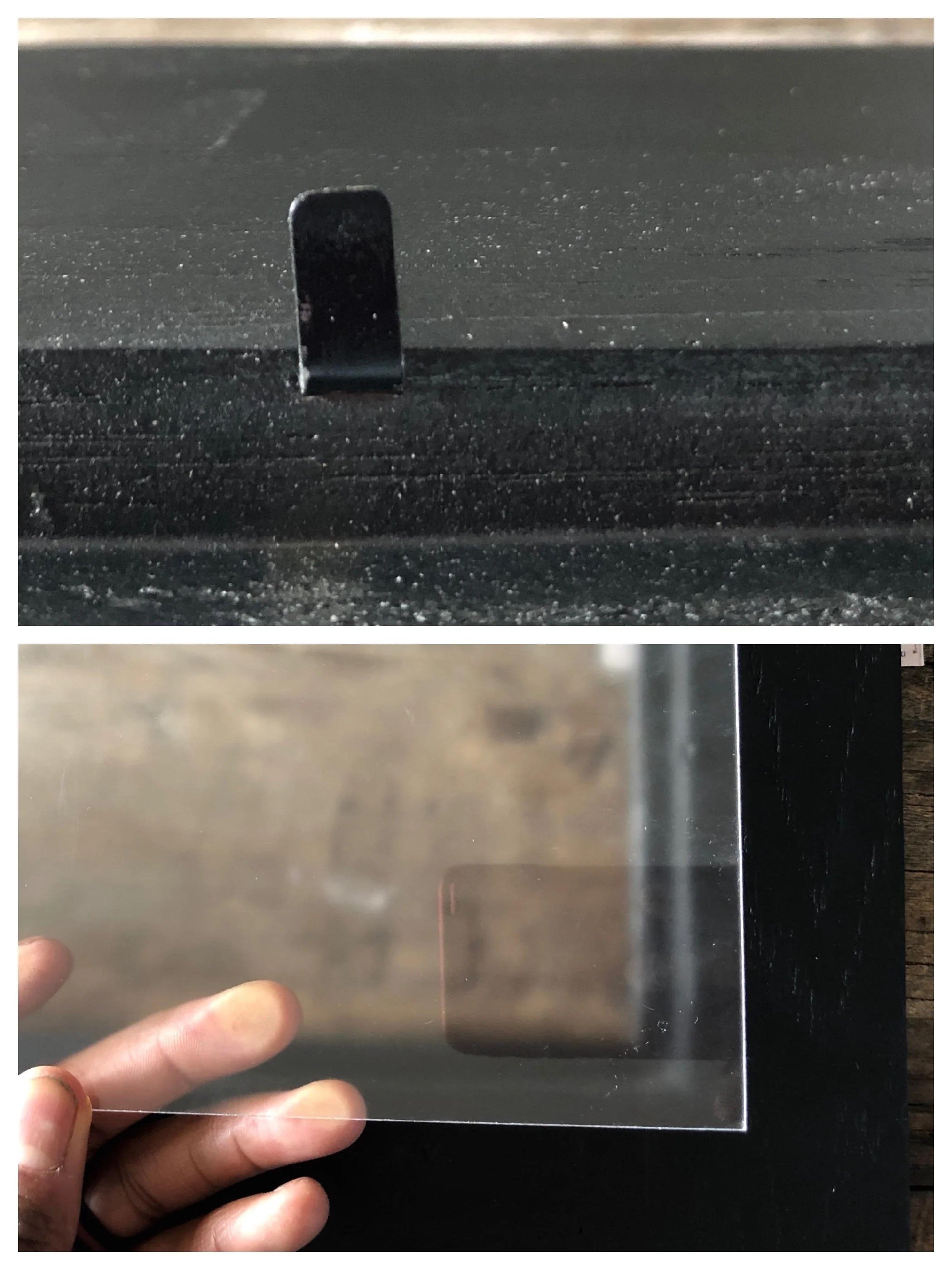 Step 6 - Take frame and included glass and place on clean flat surface. Remove protective film from glass. -With frame face down, push tabs on back of frame can be bent with small amount of pressure with finger. Ensure tabs are all bent upward towards sky(see above). -Take glass and place inside rabbet of frame, ensuring it is not sitting on top of any push tabs. Glass should lay flat inside of rabbet. There should still be a small amount of space between glass and wood allowing for movement