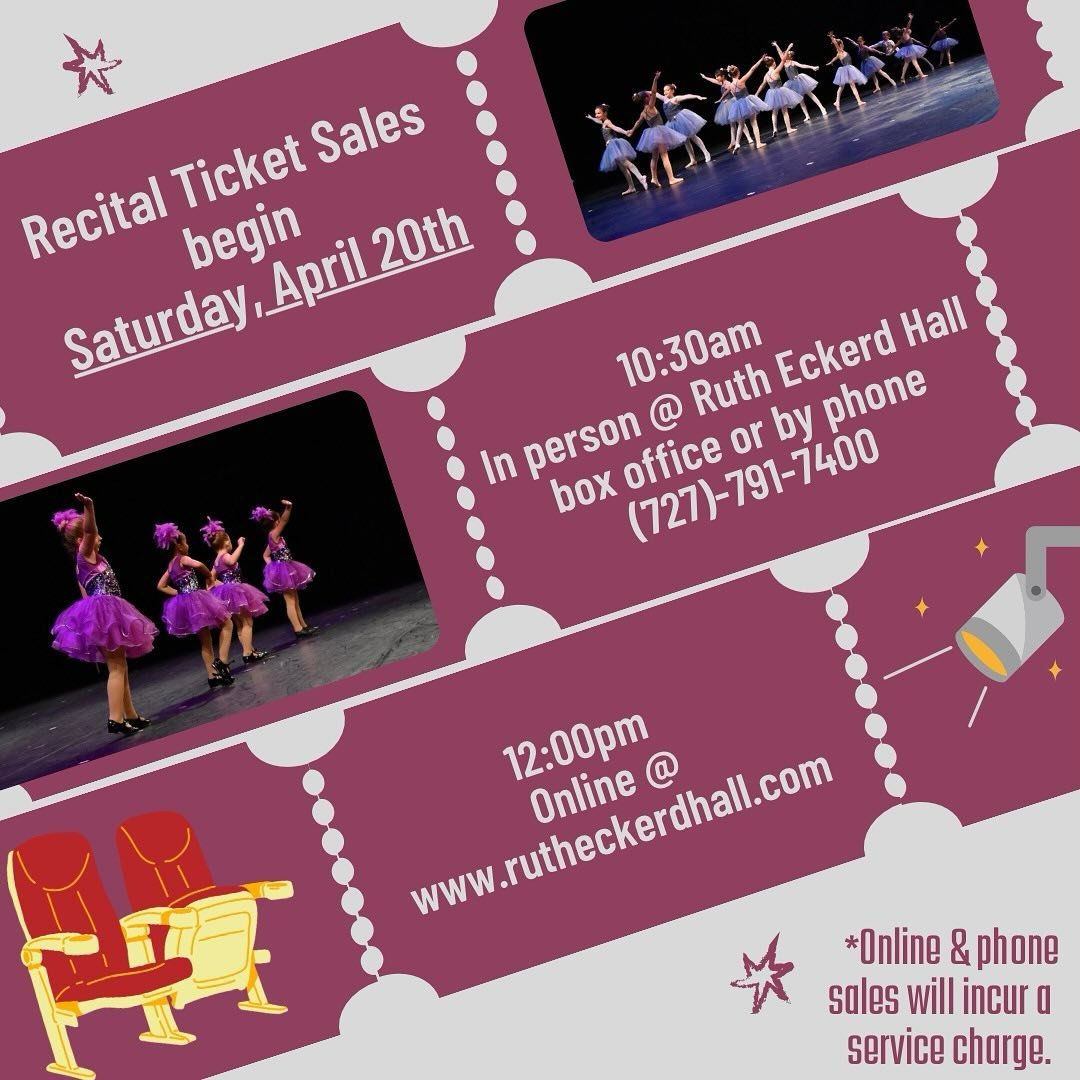 Recital ticket sales begin THIS SATURDAY! 
Sales at the @rutheckerdhall box office (in person or by phone to 727-791-7400) begin at 10:30am.
Online sales begin at 12:00/noon at www.rutheckerdhall.com 
&bull;
&bull;
&bull;
&bull;
&bull;
&bull;
#Dance 