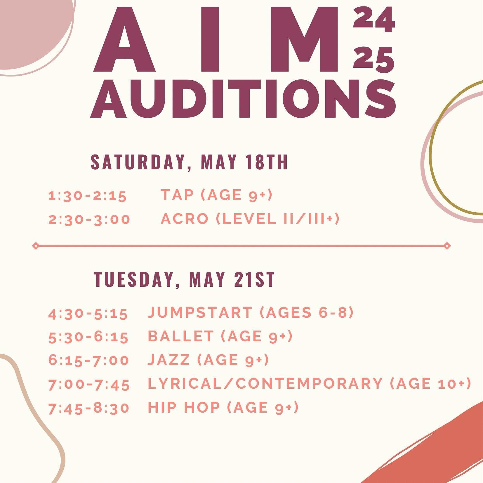 Gearing up for a new season of Art in Motion! AIM performing company auditions are taking place across two days this year:
Saturday, May 18th - Tap and Acro
Tuesday, May 21st - Jumpstart, Ballet, Jazz, Lyrical/Contemporary, and Hip Hop! 
We&rsquo;re 