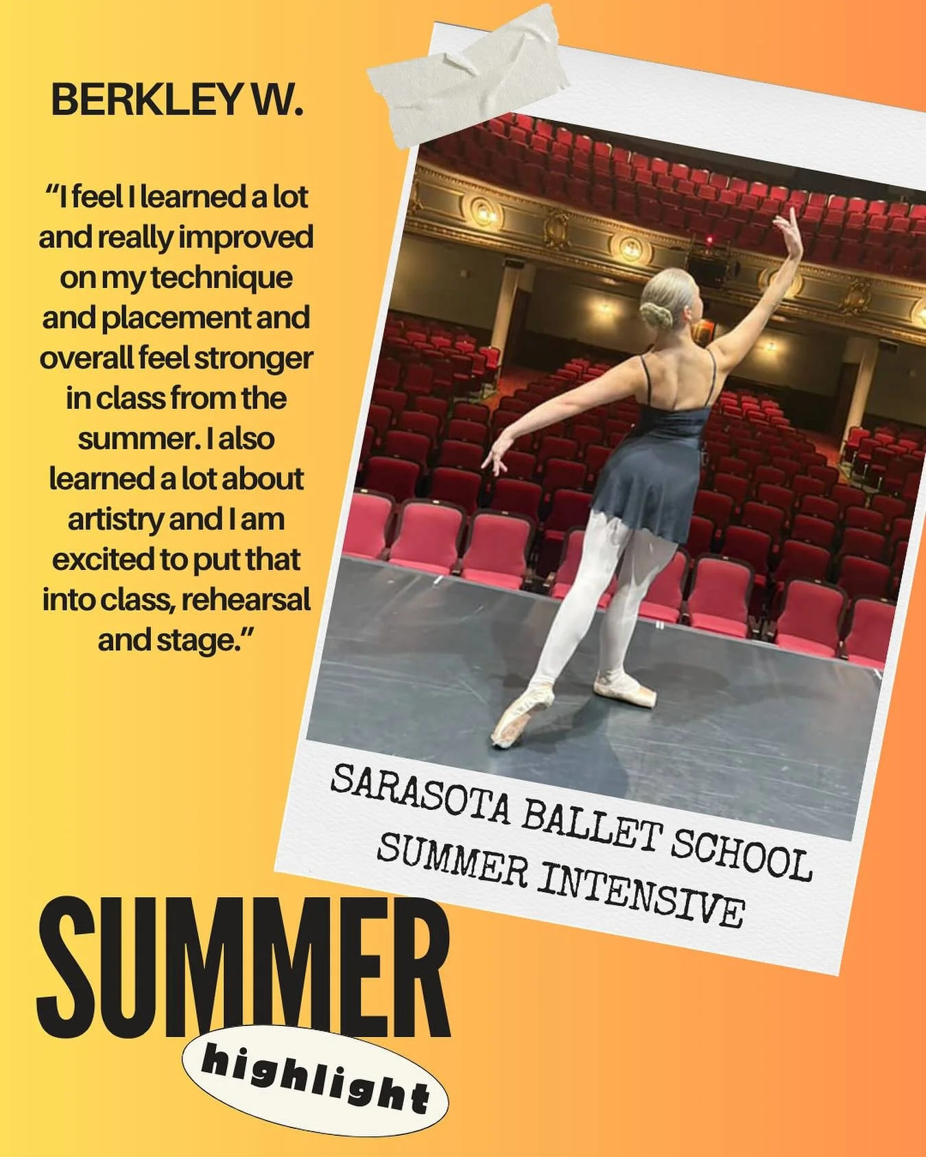Summer study is an exciting opportunity for students to venture further afield to expand their training and grow in their technique and artistry.

Today&rsquo;s Summer Highlight, Berkley W., did just that when she attended @sarasotaballetschool Summe