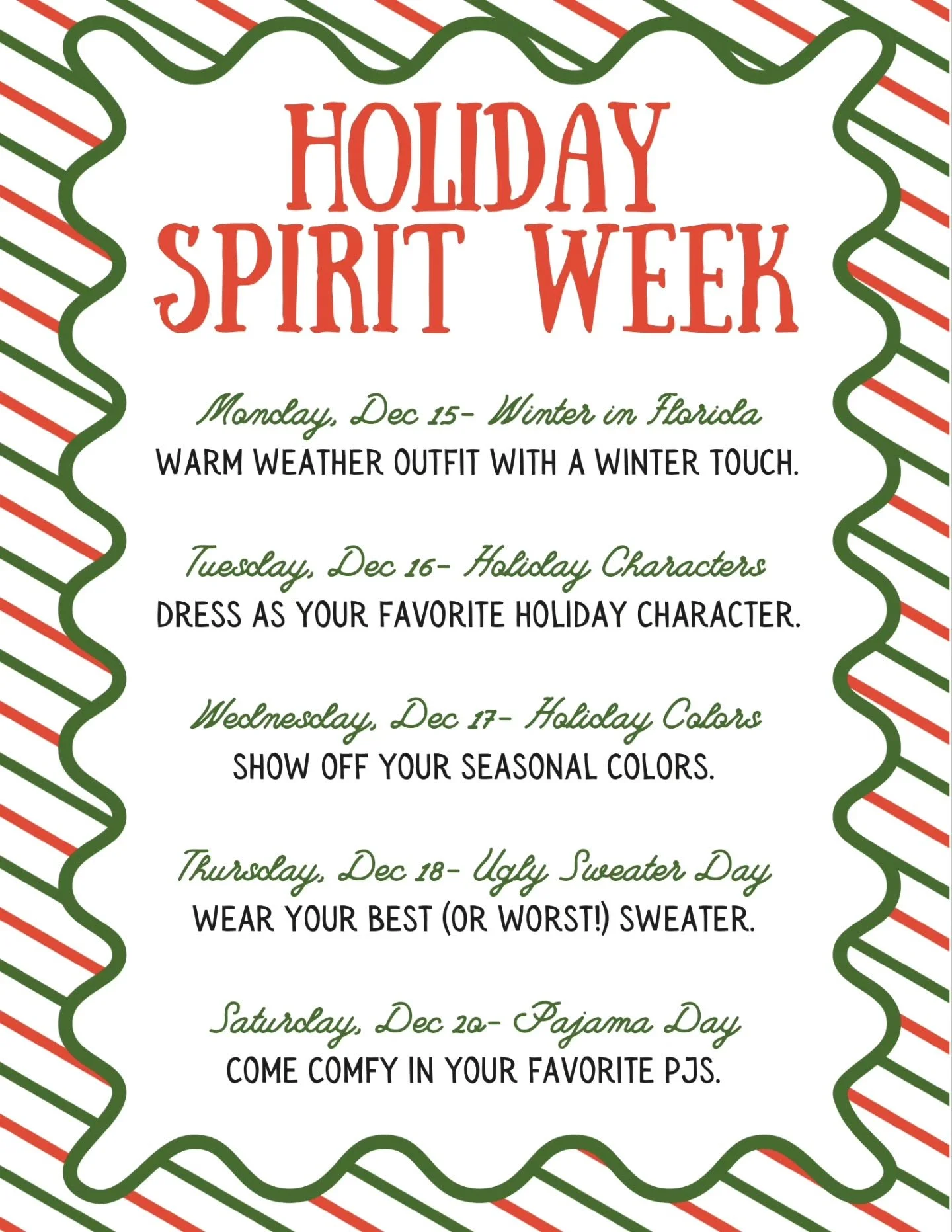 ❤️💚💙 Holiday Spirit Week! 💙💚❤️

On our last classes before winter break we want to celebrate with you! Wear your favorite Holiday gear and let's dance into the holidays!