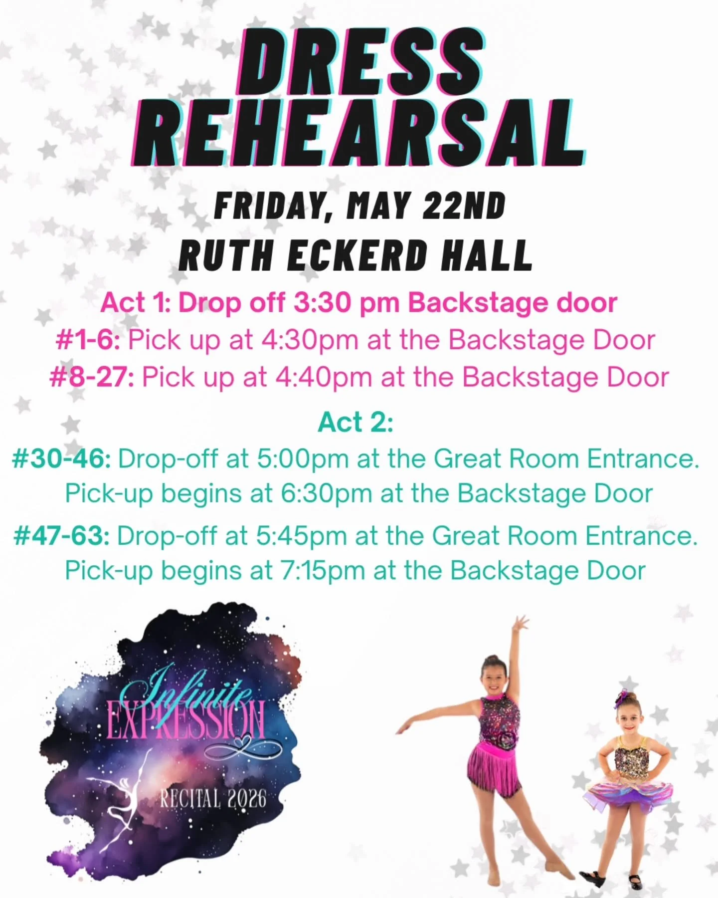 Dress Rehearsal Day is HERE! 🎭✨

Today is the day the magic starts to come together on stage! We can&rsquo;t wait to see all of our dancers dressed up, smiling big, and ready to shine. 💫

Please be sure to review the packet information carefully fo