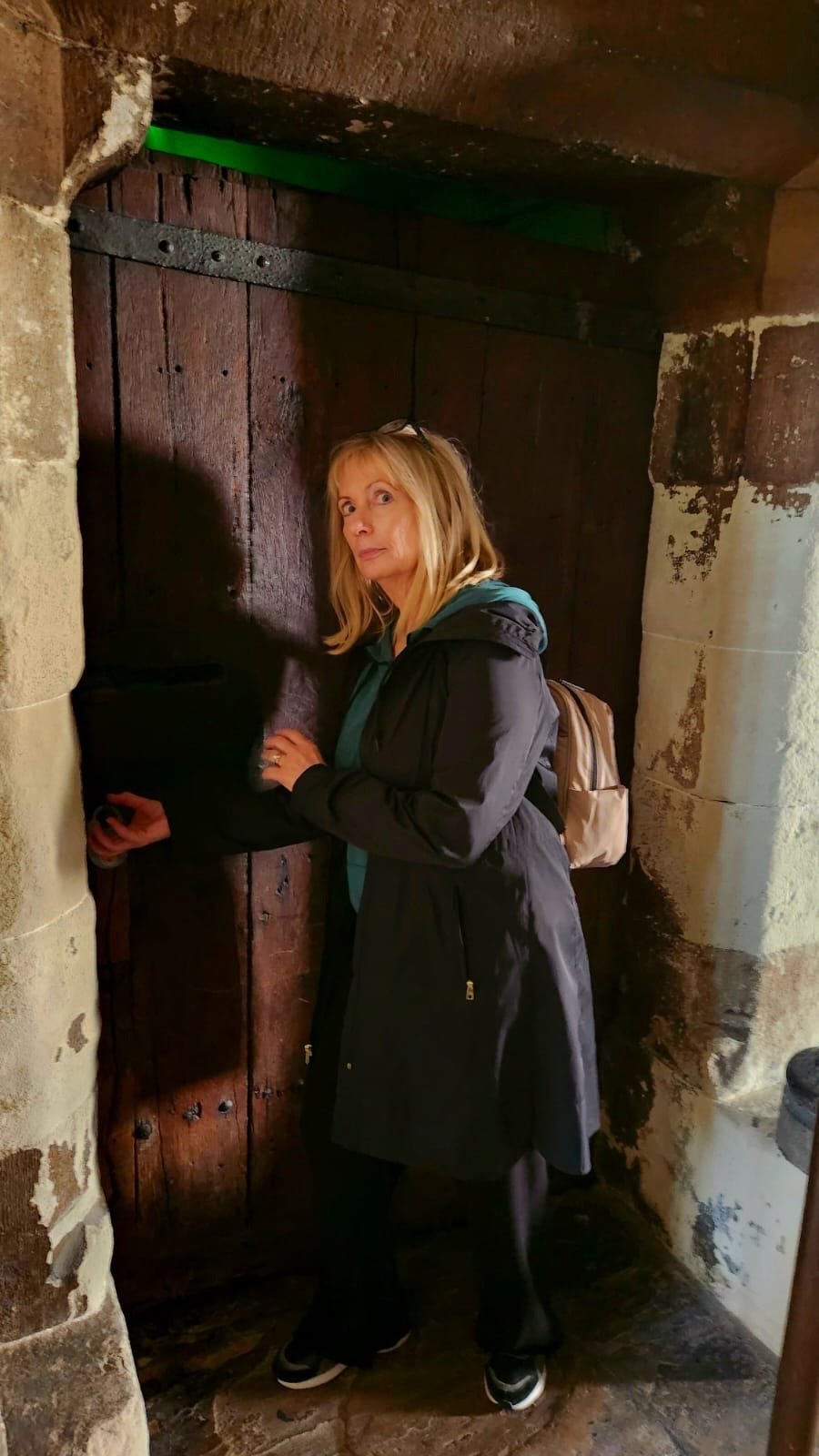 Kathy Wiggin and the oldest door in England.