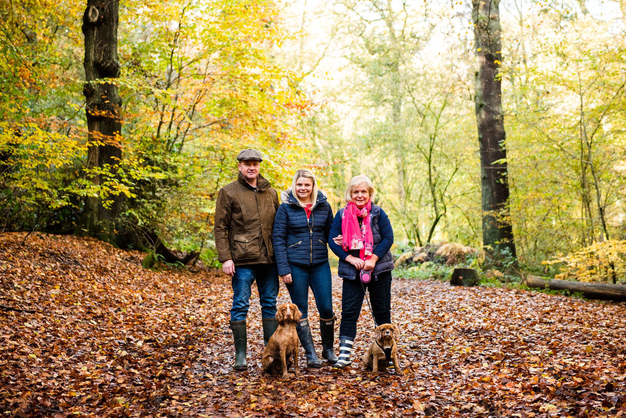 Three people standing on a leaf-covered trail in a forest with two dogs, surrounded by autumn trees with yellow and orange leaves.