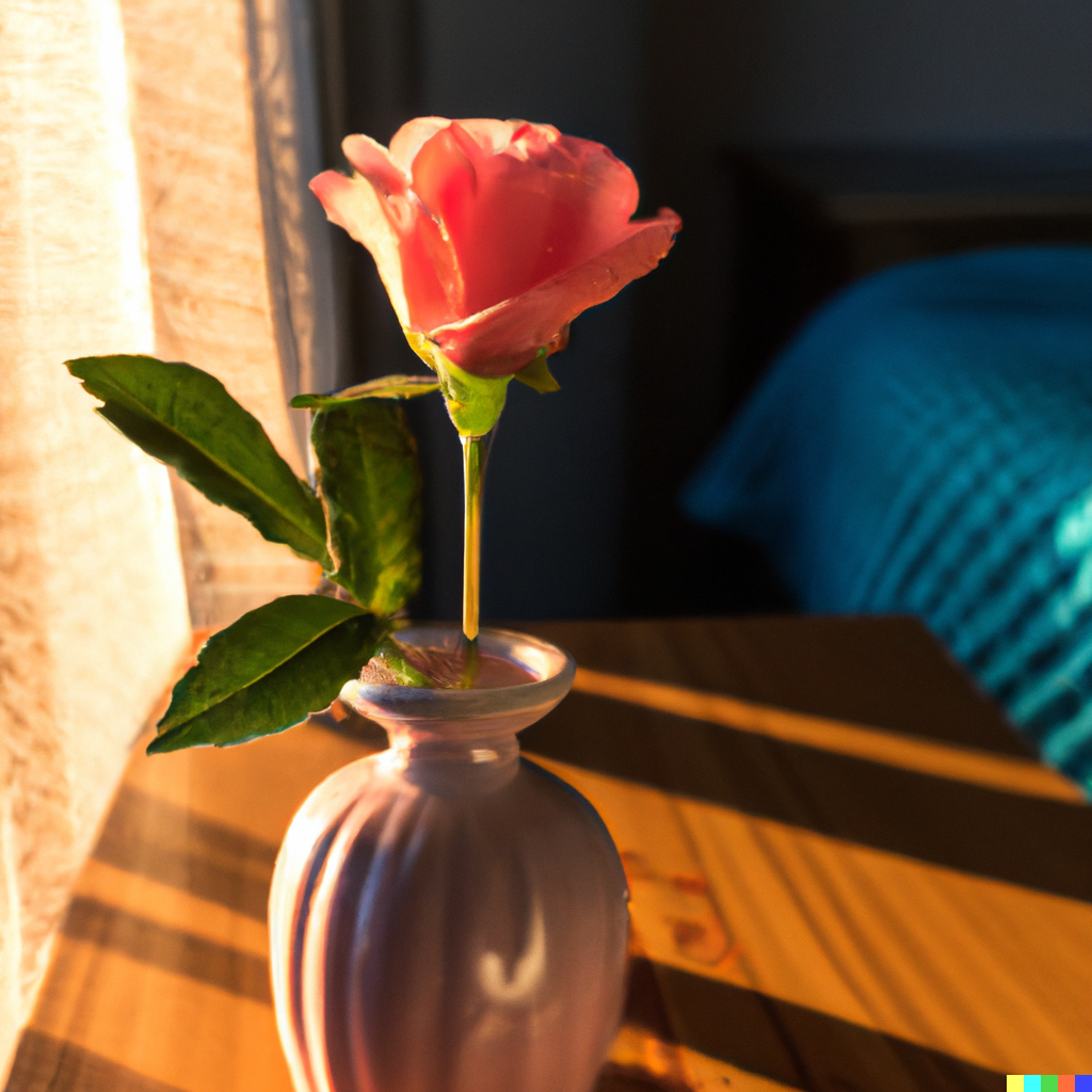 DALL·E 2023-04-03 15.04.42 - Close up on a rose in a small vase on a bedside table at sunrise.png