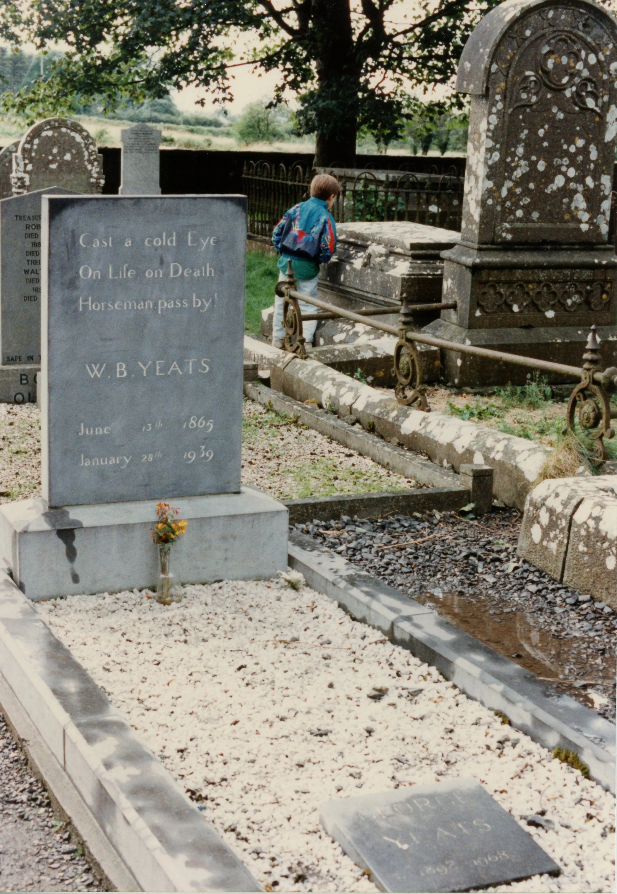 1991 photo taken at Drumcliff chapel, with Ryan in the background. George Yeats, his wife lies at Yeats’ feet.