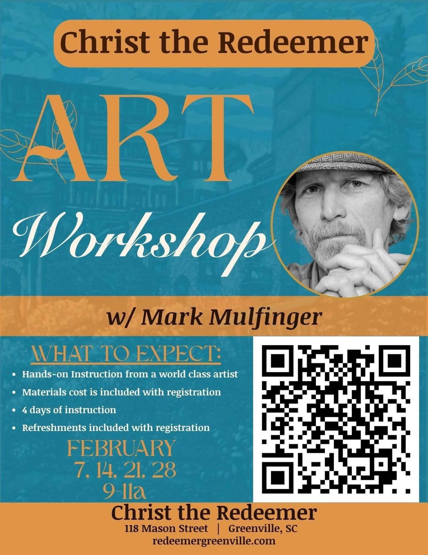Sign up now for a 4-day Art Workshop with Mark Mulfinger! The workshop will occur on the Saturdays in  February - the 7th, 14th, 21st and 28th, 9-11am. 

Space is limited - don&rsquo;t miss out on this unique opportunity and please reach out if you h