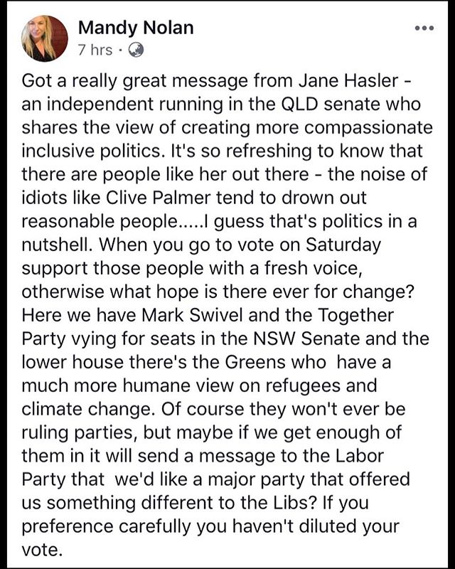 .
Thanks Mandy Nolan for another endorsement. We couldn&rsquo;t agree more. Voting for Independents and minor parties is not a waste. We need enough of them to send a message that the people of Australia care about people and the planet. If we leave 