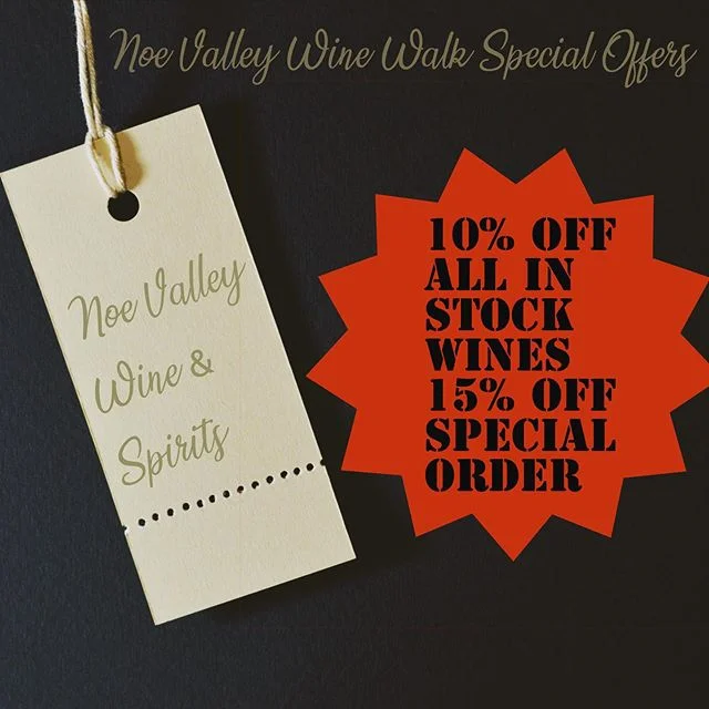 Check out all of these great deals &amp; discounts for the #noevalleywinewalk ! Visit Noevalleywinewalk.com to view all participating stores and the variety of wines we will be having. 😁🍷 #winetasting #winestagram #noevalley #sanfrancisco