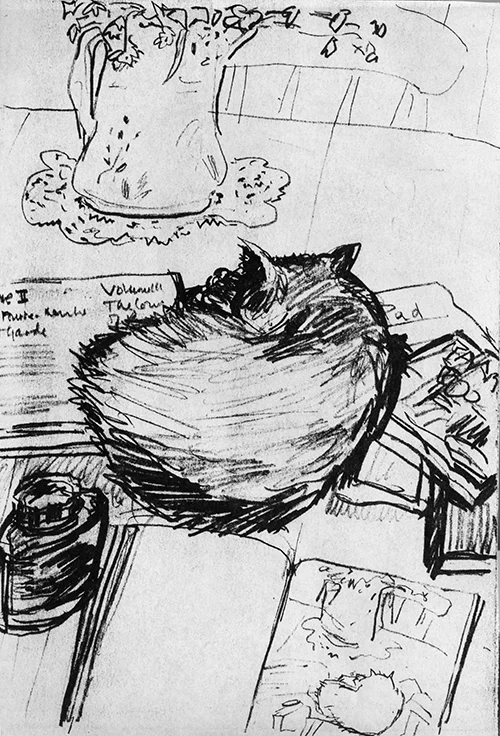 Cat Curled Up with Books (drawing) ©irenejuliawise