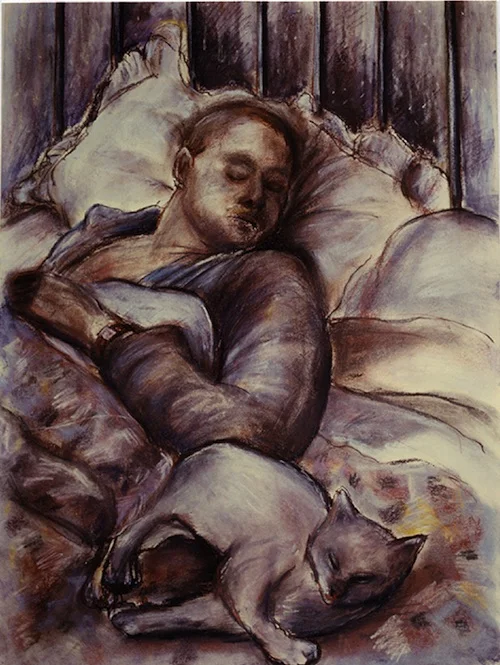 Sleeping Man with White Cat (pastels) ©irenejuliawise