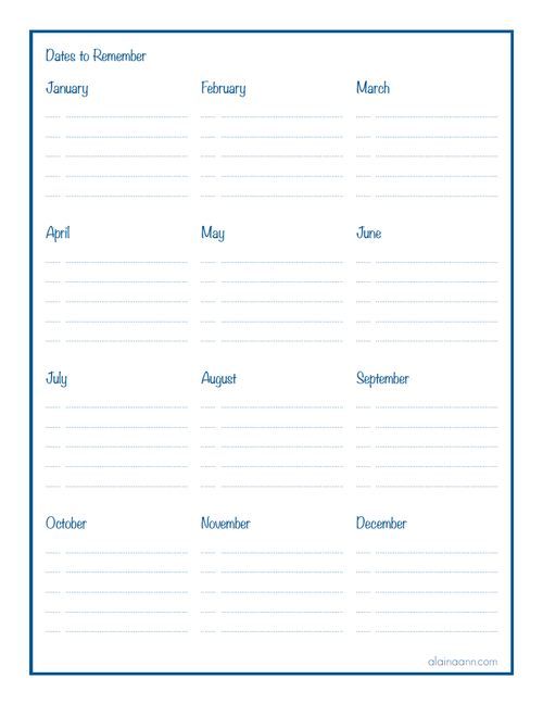Dates to Remember Printable — Alaina Ann