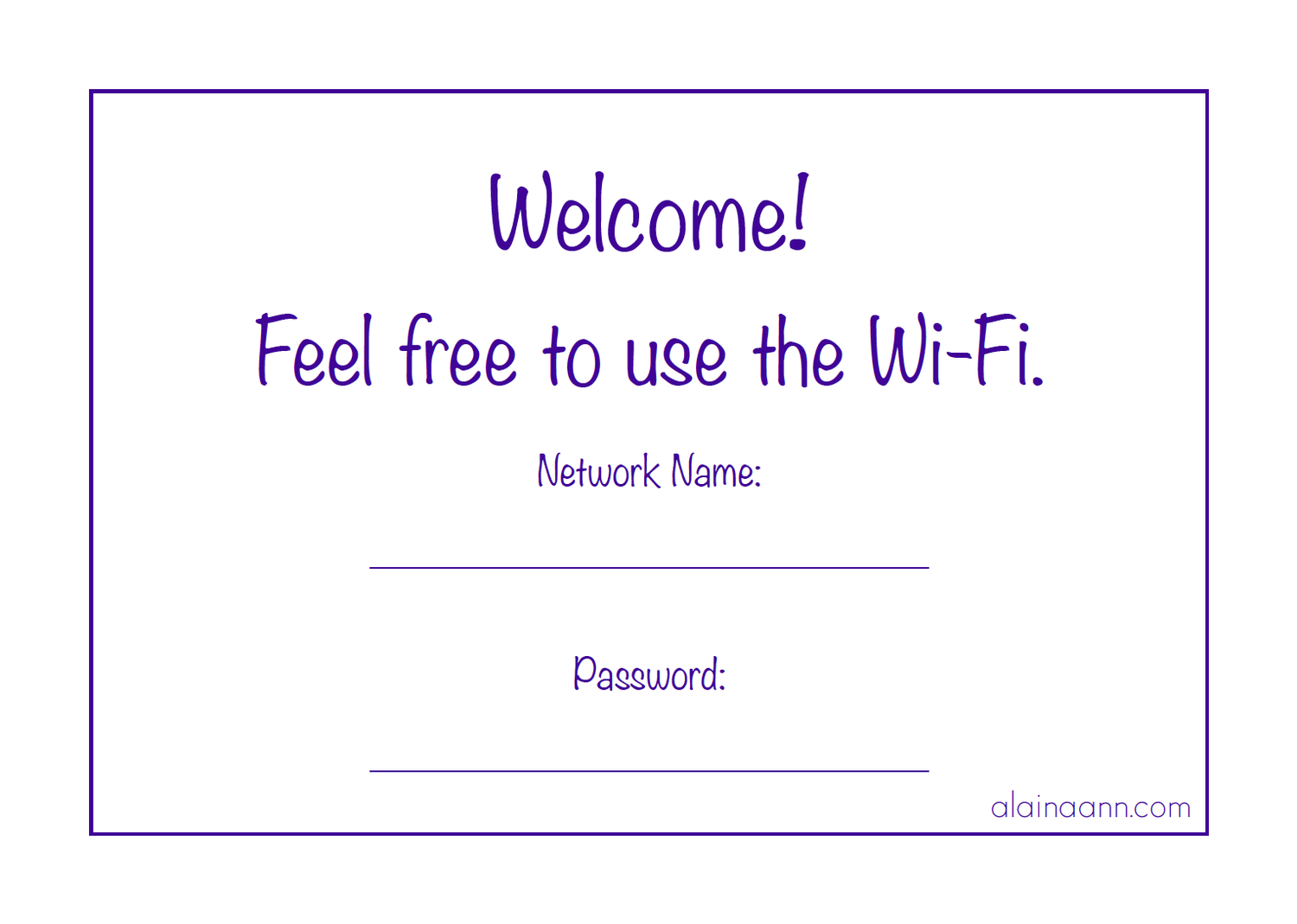 Horizontal 5 x 7 Wi-Fi Information Printable — Alaina Ann