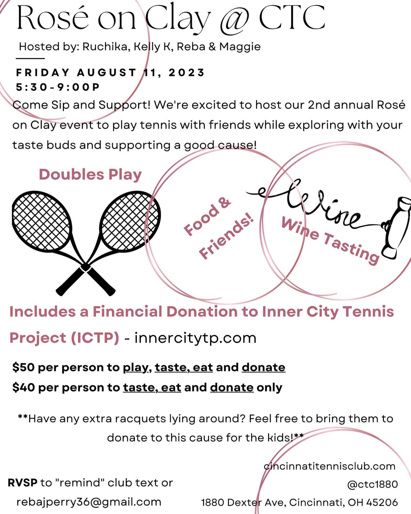Next event alert🚨! Come join us on August 11 for doubles play, wine tasting 🥂and support of a fantastic local tennis program @ictp.tennis.project 🎾