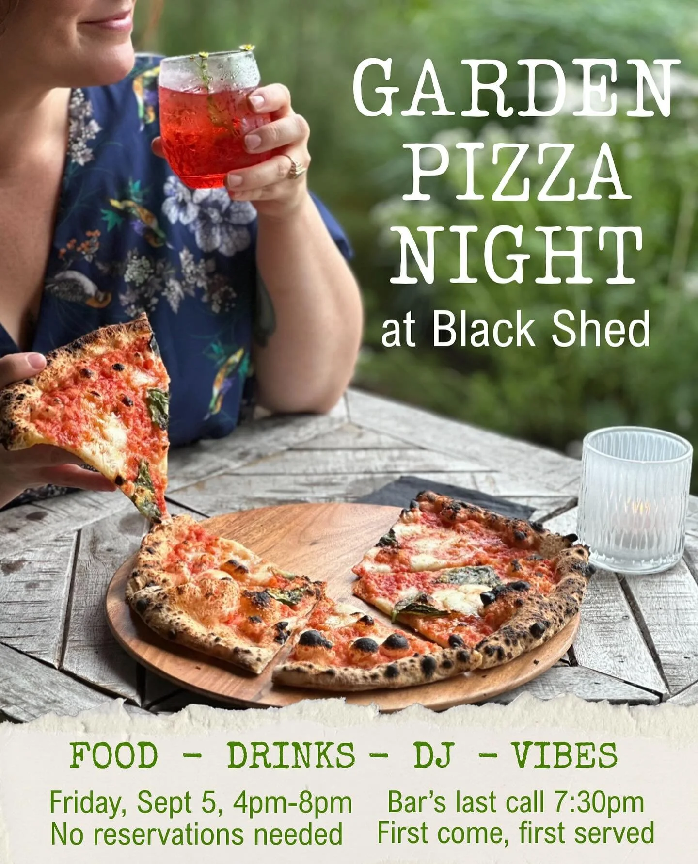 🌱🍕Garden Pizza Night: Friday Sept 5🍕🌱

This Friday, September 5th from 4pm-8pm, we invite you to join us for a delicious evening in the garden!

Groove to the beats of live DJ and sip on handcrafted cocktails, chilled wines, and refreshing bevera