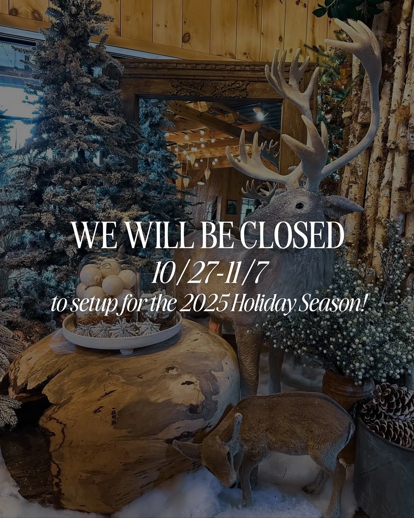 We will be closed 10/27-11/7 to setup for the 2025 Holiday Season. We can&rsquo;t wait for you to see all the ✨magic✨that is coming! 

Don&rsquo;t forget - we are having our Private Holiday Viewing on 11/7 in the evening. Join us for an exclusive eve