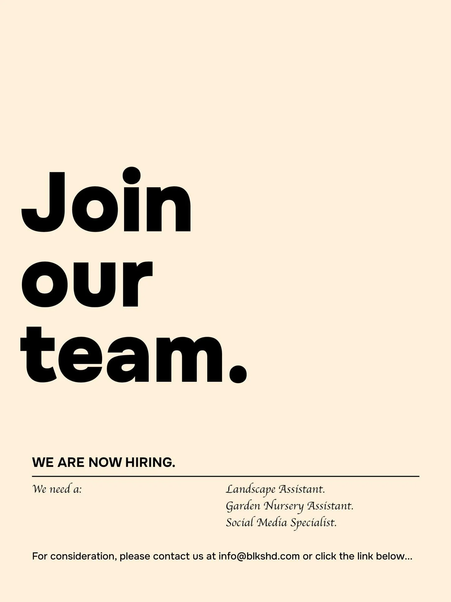 Attention. Attention. We are hiring!

www.blkshd.com/join-our-team