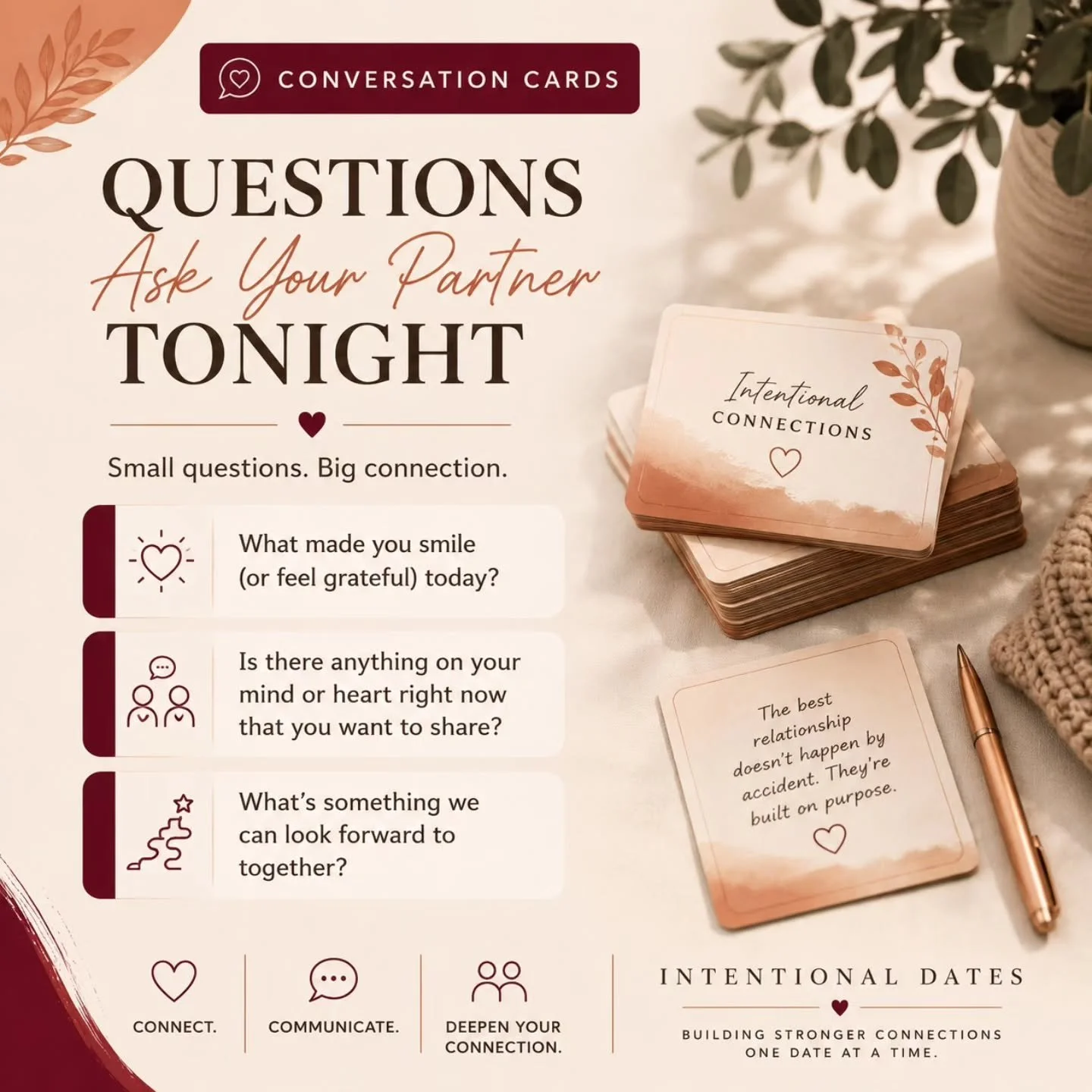 💬 Conversation Cards

Sometimes the conversations you don't have are the ones your relationship needs the most.

Set aside a few uninterrupted minutes tonight and ask these three questions. Don't rush to respond. Simply listen, learn, and enjoy disc