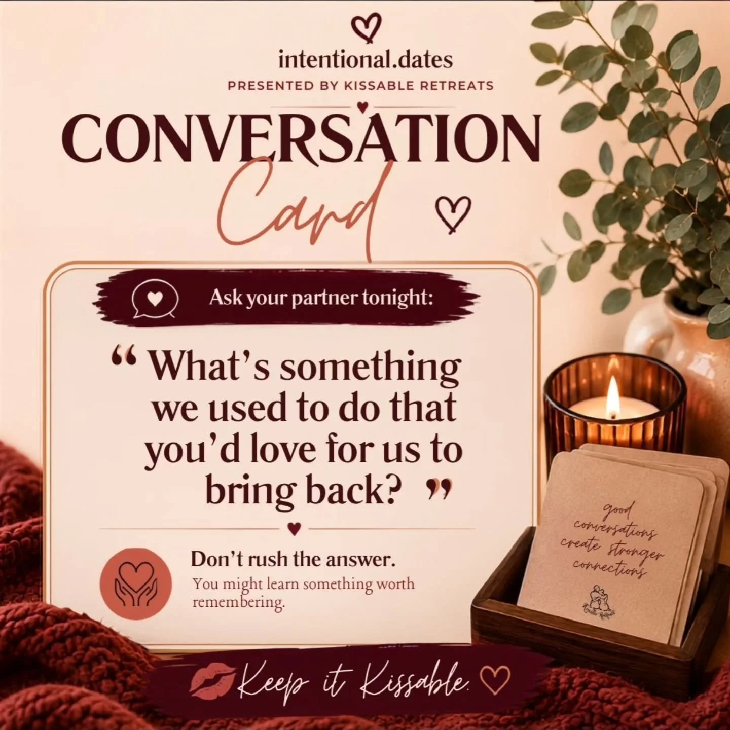 Hey Kissables💋 Tonight, ask your partner:

&ldquo;What&rsquo;s something about us that you never want us to outgrow?&rdquo;

Maybe it&rsquo;s the way you laugh together.
The random conversations.
The affection.
The inside jokes.
Or the way you can t