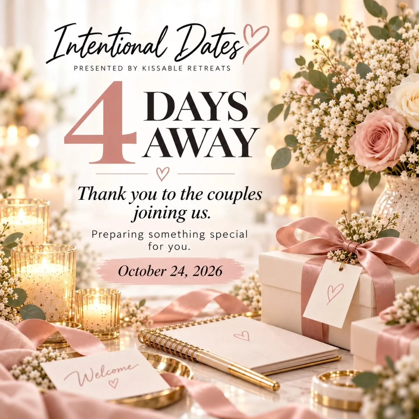 ❤️ **4 DAYS AWAY!**

The countdown is officially on, and we're getting excited!

First, we want to take a moment to thank the couples who have chosen to join us for **Intentional Dates**, presented by Kissable Retreats.

We know there are many ways y