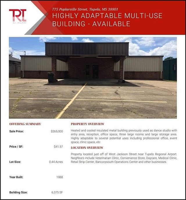 Have a look at this well-located flexible-use building, available in Tupelo. #tupeloms #commercialrealestate