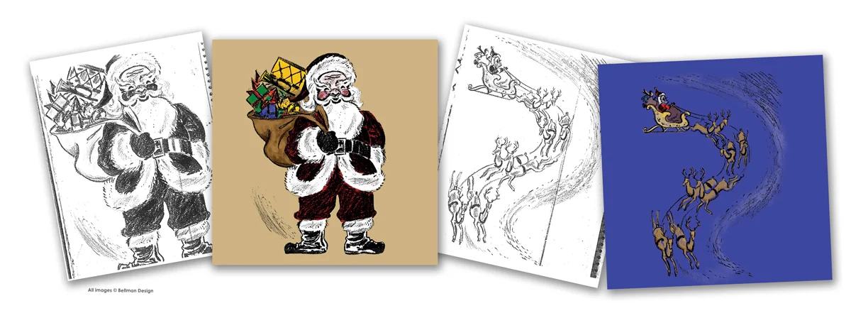 Before and after - old black and white xerox copies turned into full color illustrations.