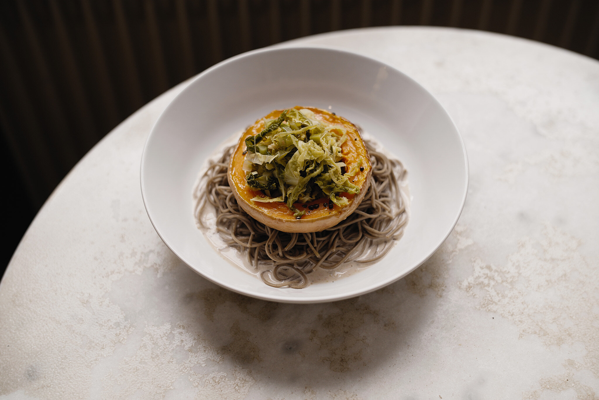 Roasted pumpkin, cabbage and soba noodle