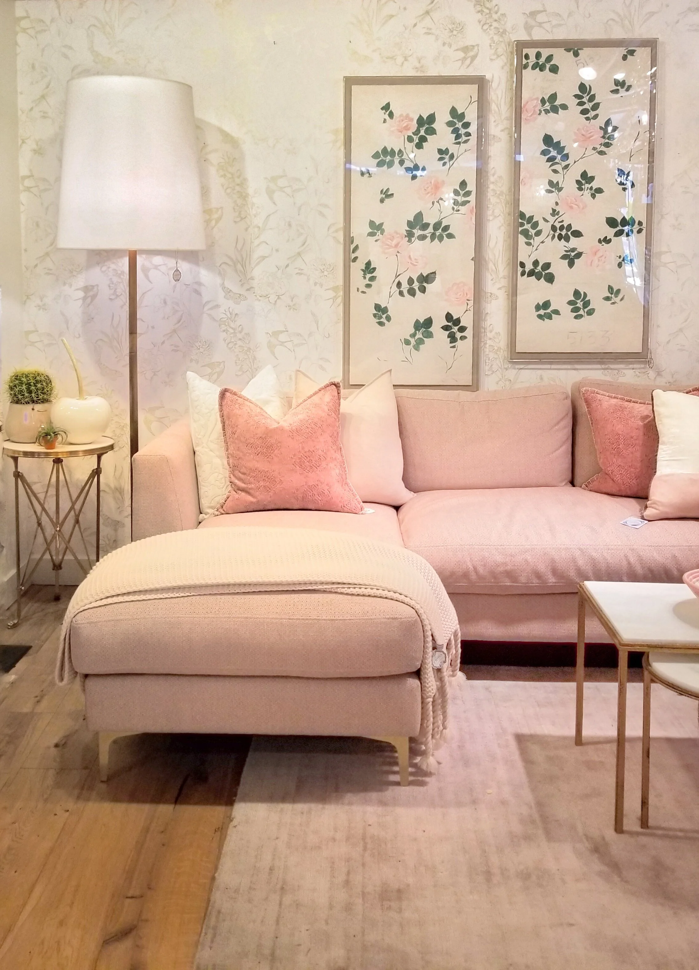 interior-designs-by-adrienne-cranbrook-bc-oversized-floor-lamp-pink-sofa-with-chaise-botanical-art-the-cross-decor-&amp;-design